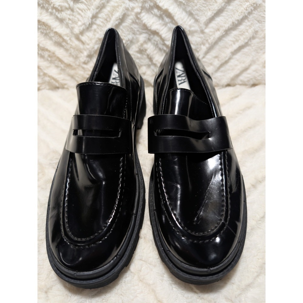 T2 Zara Black Chunky Faux Patent‎ Leather Platform Loafers Lug Sole  38/7.5